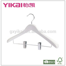 Fancy and best selling wooden coat hanger with metal clips in white shining finishing